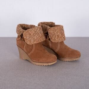 Bjorndal Suede Leather Ankle Wedge Boots Booties w/ Cozy Sweater Cognac Top SZ 7
